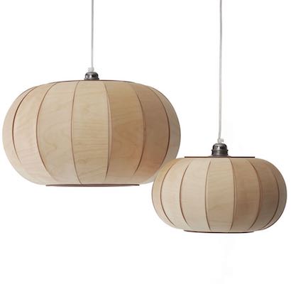 Two wooden lamps in small group. Tangerine 50 and 35. Made of birch veneer sanded and oiled. Designer lamps for modern interiors