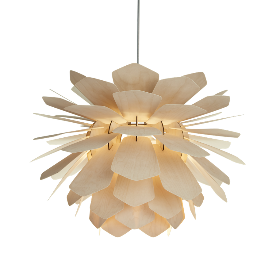 Designer wooden light - pine cone pendant lamp - made of wood veneer. 