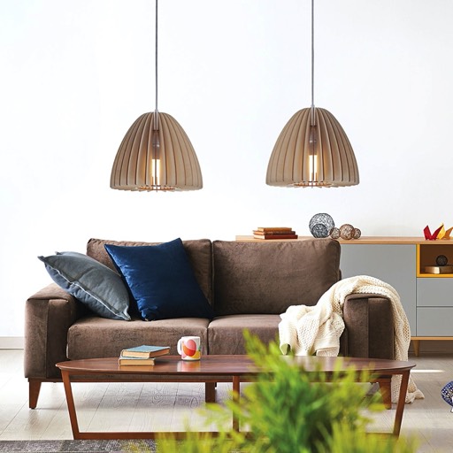 Two small wooden pendant light in cosy room designer bookshelf brown sofa and table | Nika lamp by Woolights